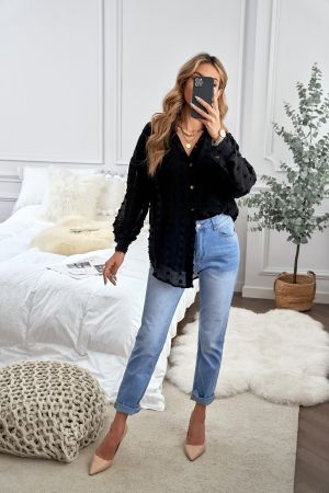 Polka Dot Sheer Puff Sleeve Metallic Knit Top